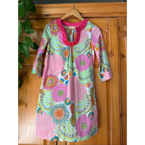 Boden Boho Tunic Dress Pink Green Floral Beaded Neck UK 8 US 4 - Picture 1 of 11